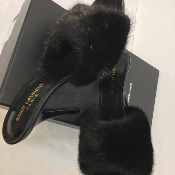 Saint Laurent Paris Roy Mink & Leather Mules Heels Size 38. Made in Italy - Picture 9 of 15
